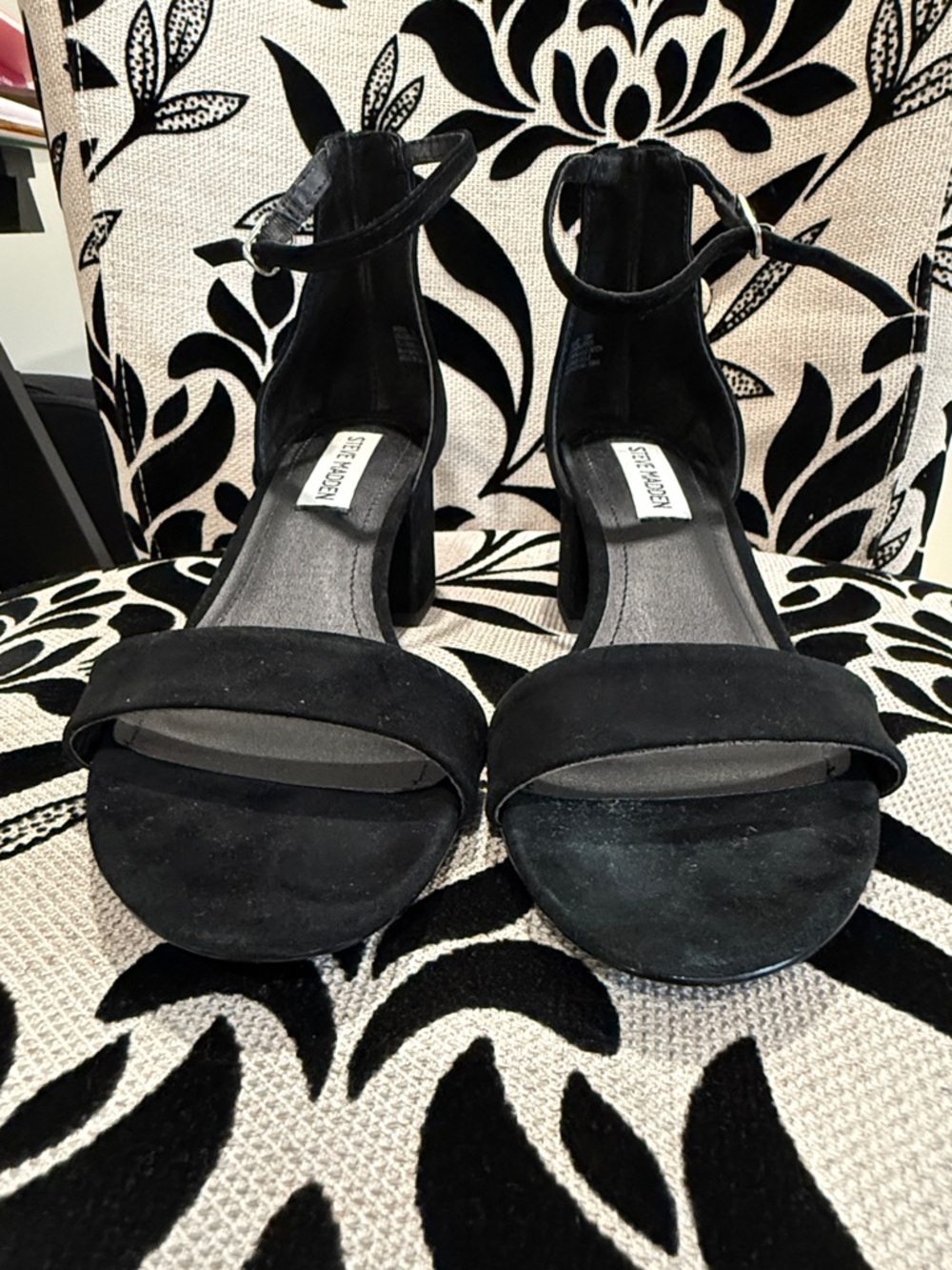 Steve Madden Black Suede Ankle-Strap Block Heel Sandals - Picture 2 of 6